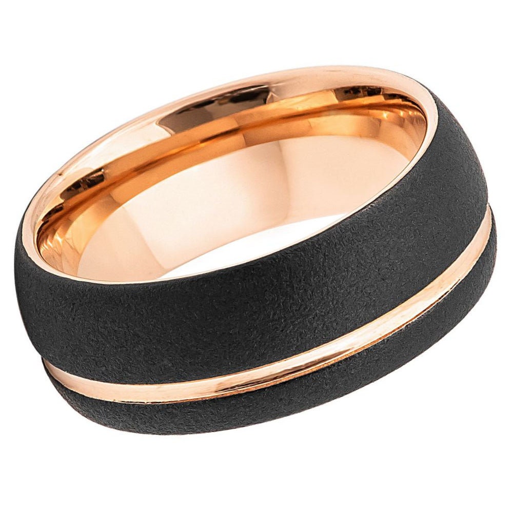 Men's Domed Gun Metal Black Brushed Wedding Band Yellow Gold Grooved CZ Tungsten Anniversary- 8mm Tungsten Ring