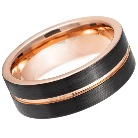 Men's Rose Gold And Black Grooved Wedding Band with Beveled Edges Tungsten Anniversary- 8mm Tungsten Ring