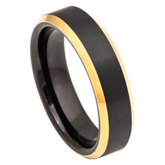 Men's Black Tungsten Wedding Band with Brushed Center With Yellow Gold Polished Stepped Edges- 6mm Tungsten Ring