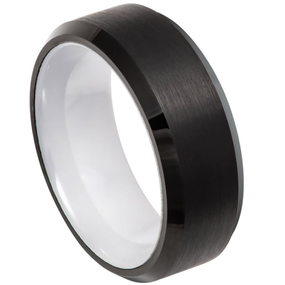 Men's Sigma Tungsten Carbide Wedding Tungsten Ring Black Beveled Edge with White Ceramic Sleeve- 8mm Engraved Tungsten Ring