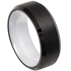 Men's Sigma Tungsten Carbide Wedding Tungsten Ring Black Beveled Edge with White Ceramic Sleeve- 8mm Engraved Tungsten Ring