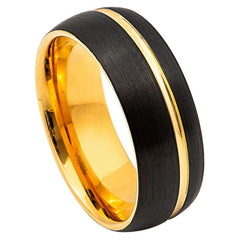 Men's Black Tungsten Wedding Band with Yellow Gold Inside Groove Step Edges- 8mm Tungsten Ring