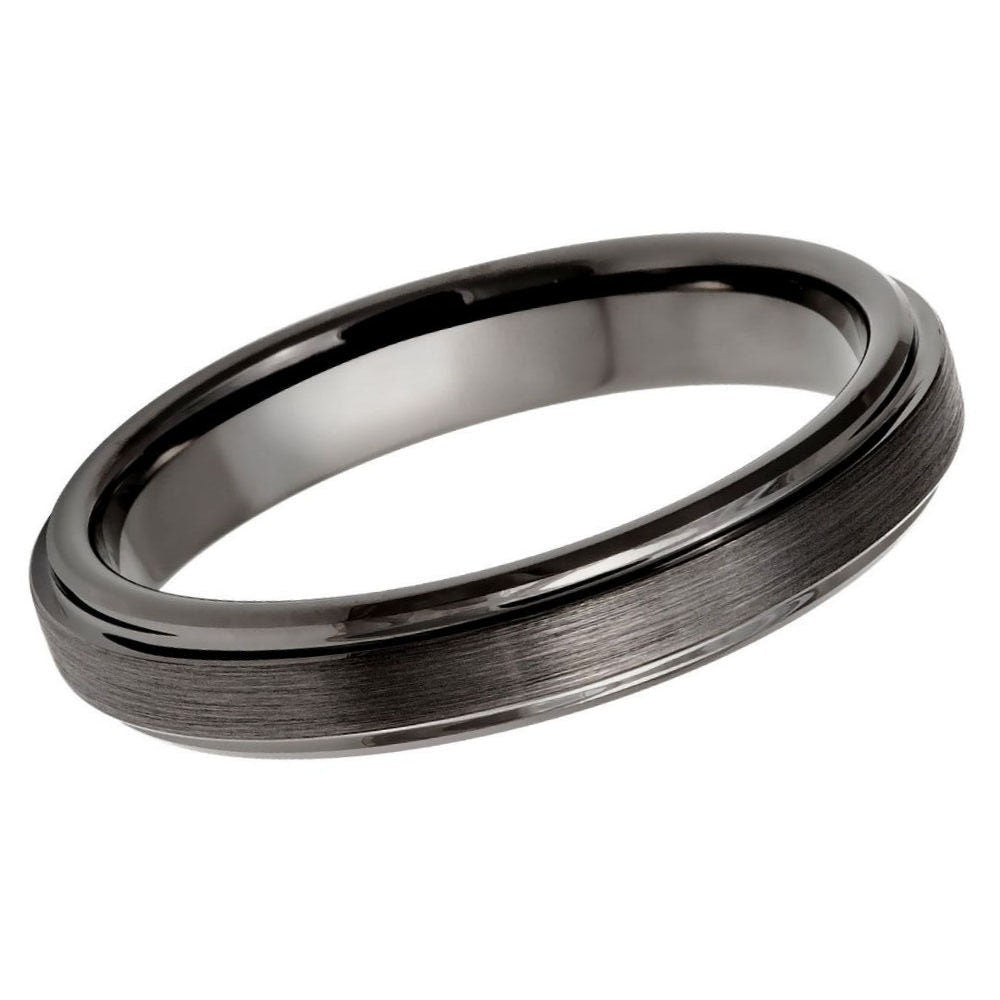 Men's Alliance Black Brushed Raised Center Tungsten Wedding Band With Beveled Stepped Edges- 4mm Tungsten Ring