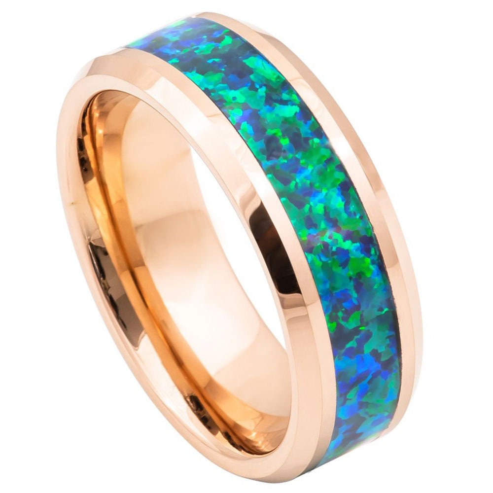 Men's Storm Rose Gold Tungsten Tungsten Ring with synthetic Emerald Green Opal Inlay- 8mm Tungsten Ring