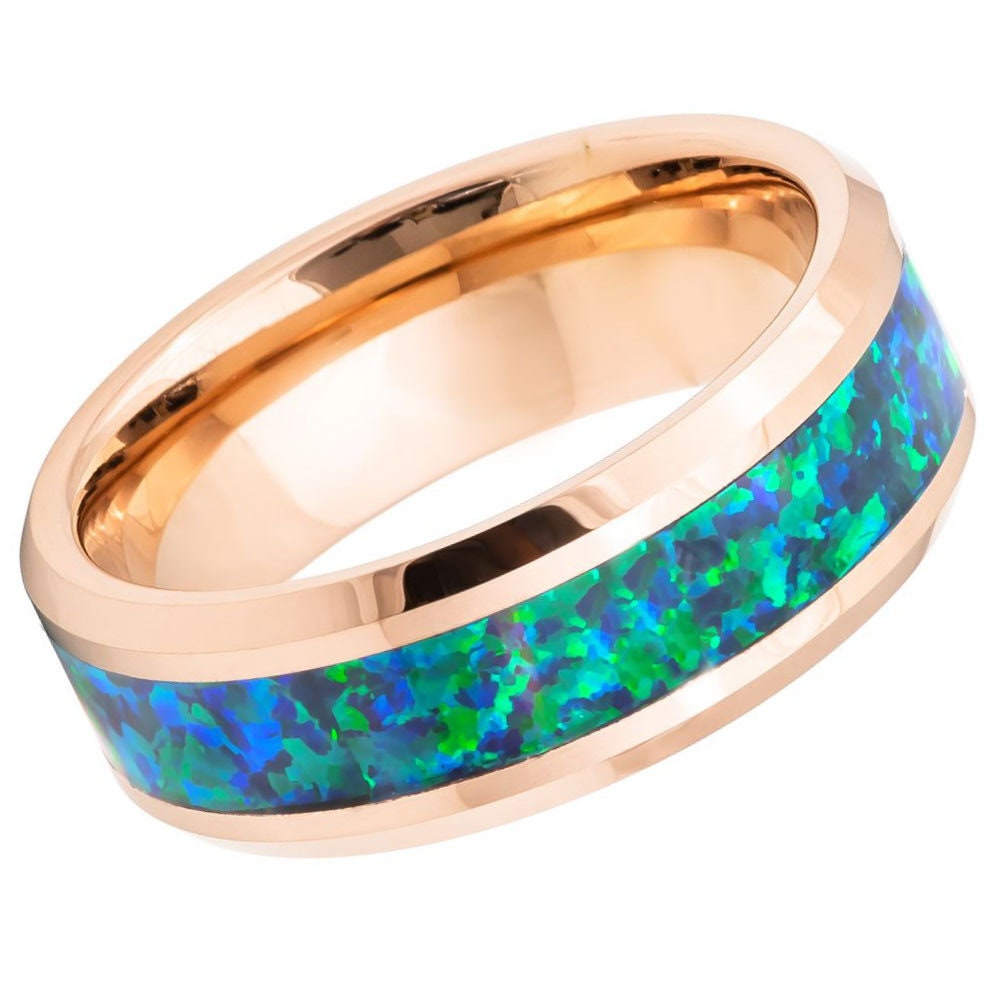 Men's Storm Rose Gold Tungsten Tungsten Ring with synthetic Emerald Green Opal Inlay- 8mm Tungsten Ring