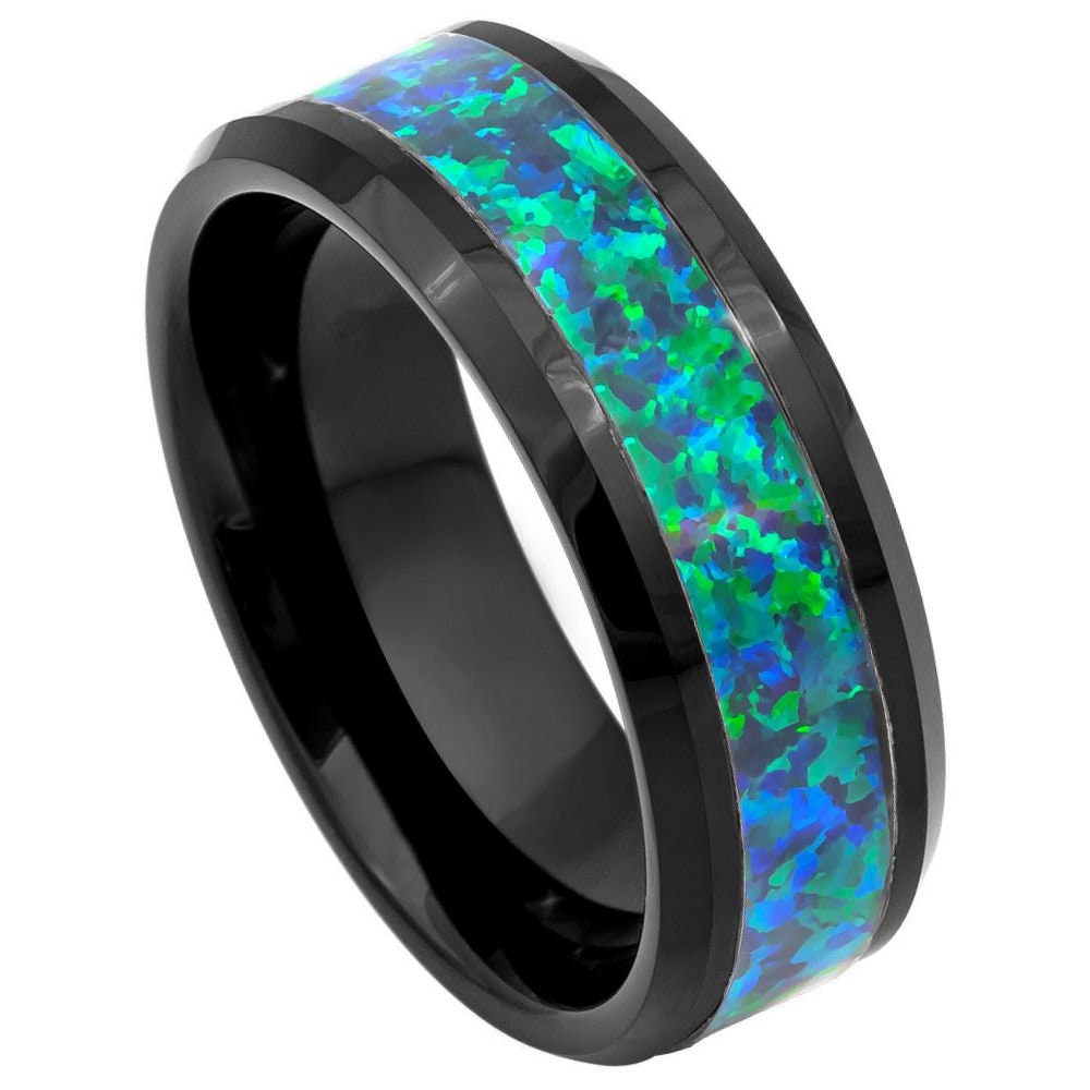 Men's Icicle Black Tungsten with synthetic Emerald Green Opal Inlay- 8mm Tungsten Ring