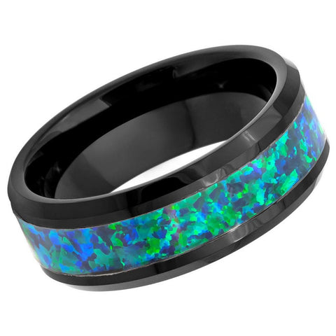 Men's Icicle Black Tungsten with synthetic Emerald Green Opal Inlay- 8mm Tungsten Ring