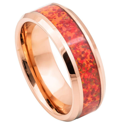 Men's Magica Rose Gold Tungsten Tungsten Ring with synthetic Red Fire Opal Inlay- 8mm Engraved Tungsten Ring