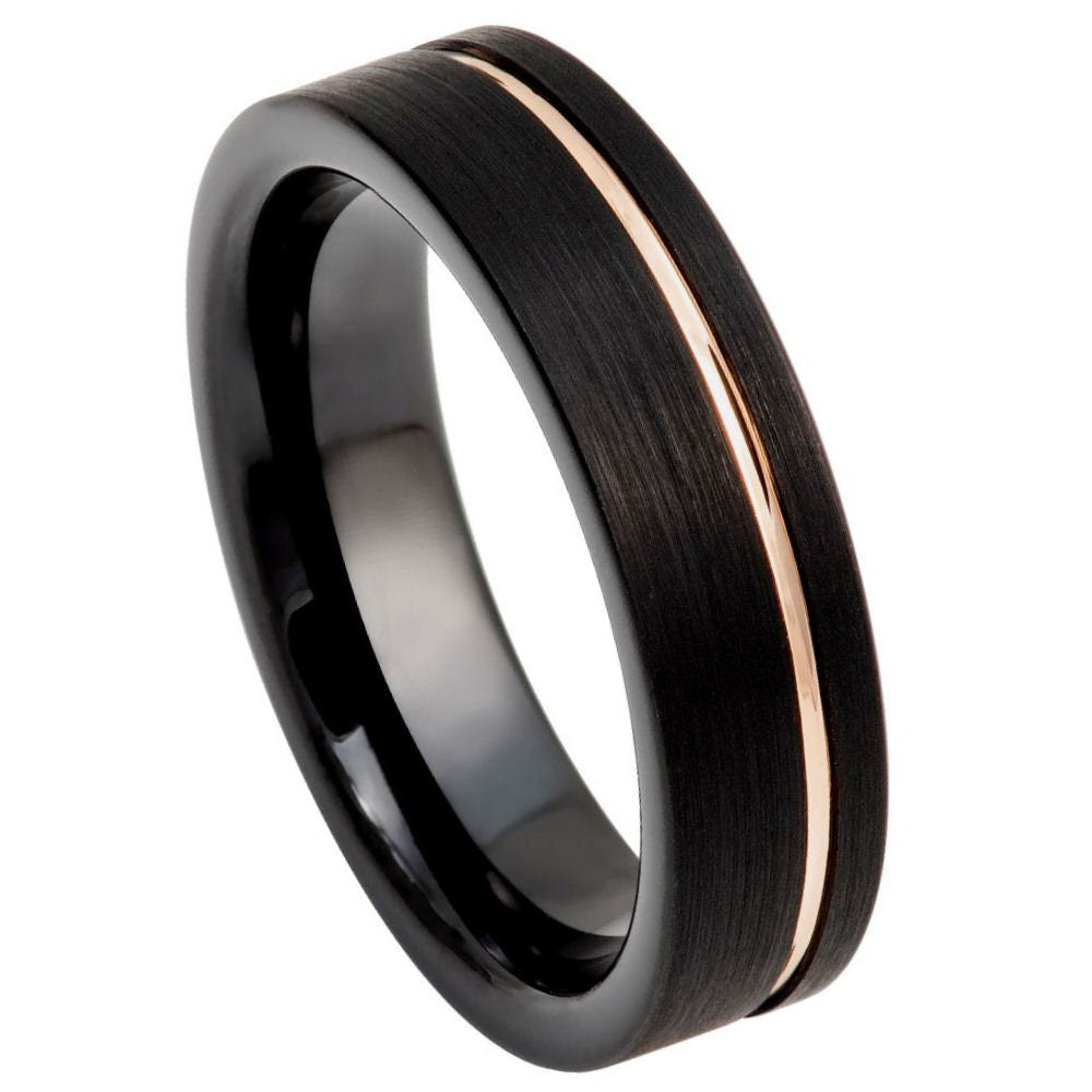 Men's Black Brushed Pipe Cut Tungsten Ring with Off Center Rose Gold Groove- 6mm Engraved Tungsten Ring