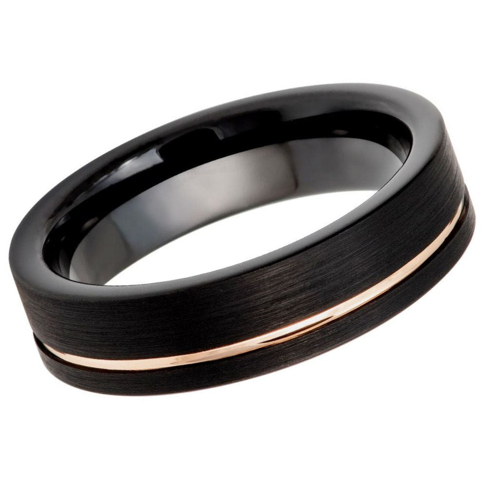 Men's Black Brushed Pipe Cut Tungsten Ring with Off Center Rose Gold Groove- 6mm Engraved Tungsten Ring