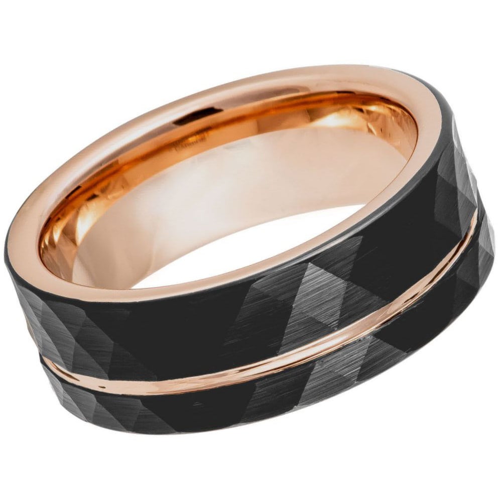 Men's Rose Gold And Black Faceted Groove Tungsten Ring Tungsten Anniversary- 8mm Tungsten Ring