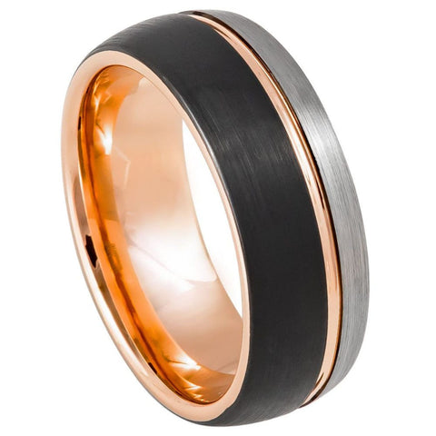 Men's Mathias Three Tone Natural Rose Gold and Black Brushed Grooved Center- 8mm Tungsten Ring