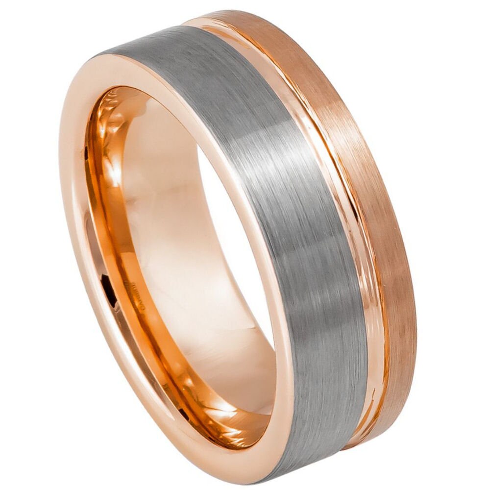 Men's Leonal Off Center Grooved Rose Gold with Brushed Pipe Cut Wedding Tungsten- 8mm Tungsten Ring