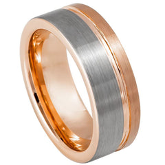 Men's Leonal Off Center Grooved Rose Gold with Brushed Pipe Cut Wedding Tungsten- 8mm Tungsten Ring