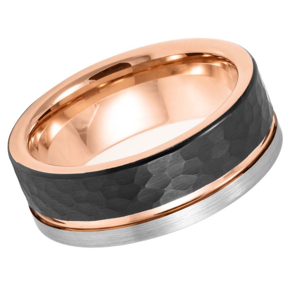 Men's Gustavo Rose Gold And Black Faceted Tungsten Ring with Groove Center Tungsten- 8mm Engraved Tungsten Ring