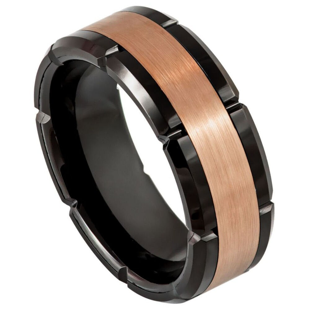 Men's Black Tungsten Tungsten Ring with Brushed Rose Gold Center and Black Shiny Edges Anniversay- 8mm Engraved Tungsten Ring