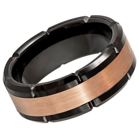 Men's Black Tungsten Tungsten Ring with Brushed Rose Gold Center and Black Shiny Edges Anniversay- 8mm Engraved Tungsten Ring