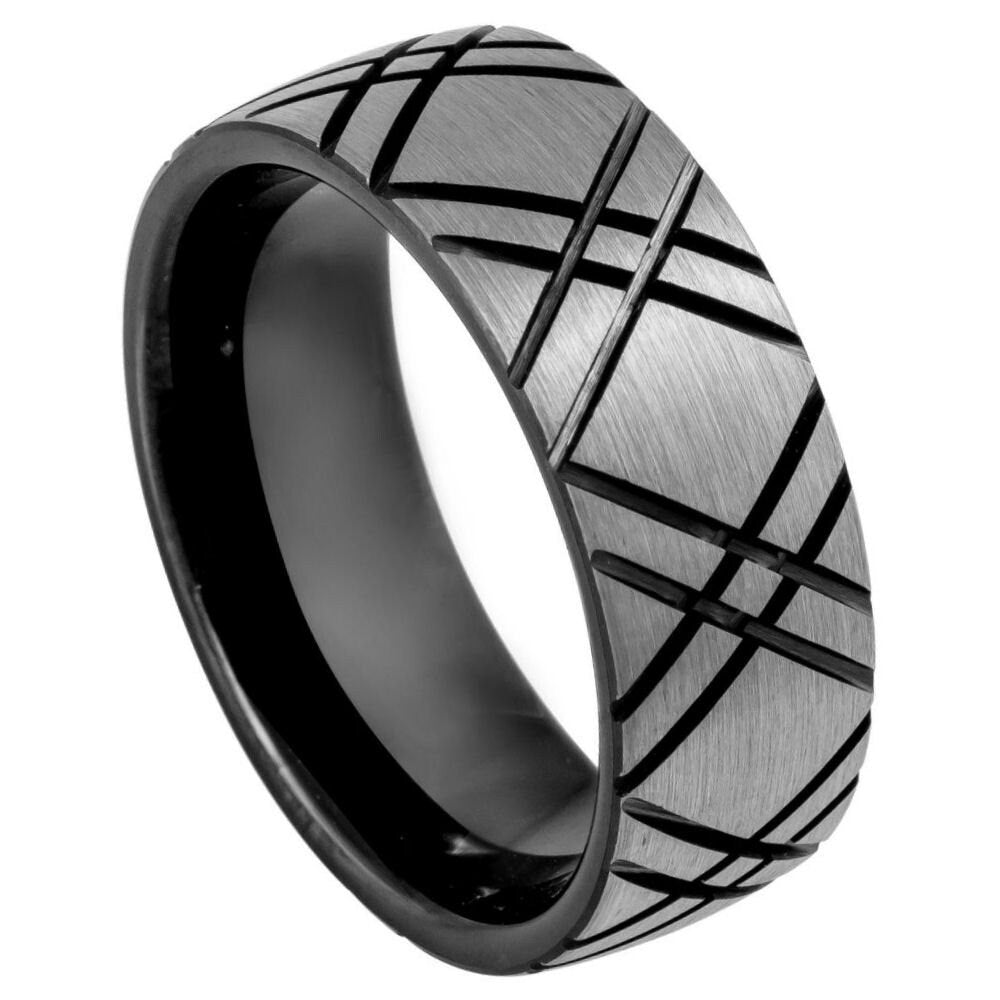 Men's Zebra Black Tungsten Tungsten Ring with Double X Carved Design Black Inside Engagement- 8mm Engraved Tungsten Ring