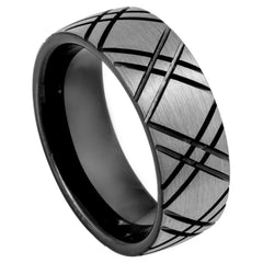 Men's Zebra Black Tungsten Tungsten Ring with Double X Carved Design Black Inside Engagement- 8mm Engraved Tungsten Ring