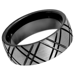 Men's Zebra Black Tungsten Tungsten Ring with Double X Carved Design Black Inside Engagement- 8mm Engraved Tungsten Ring