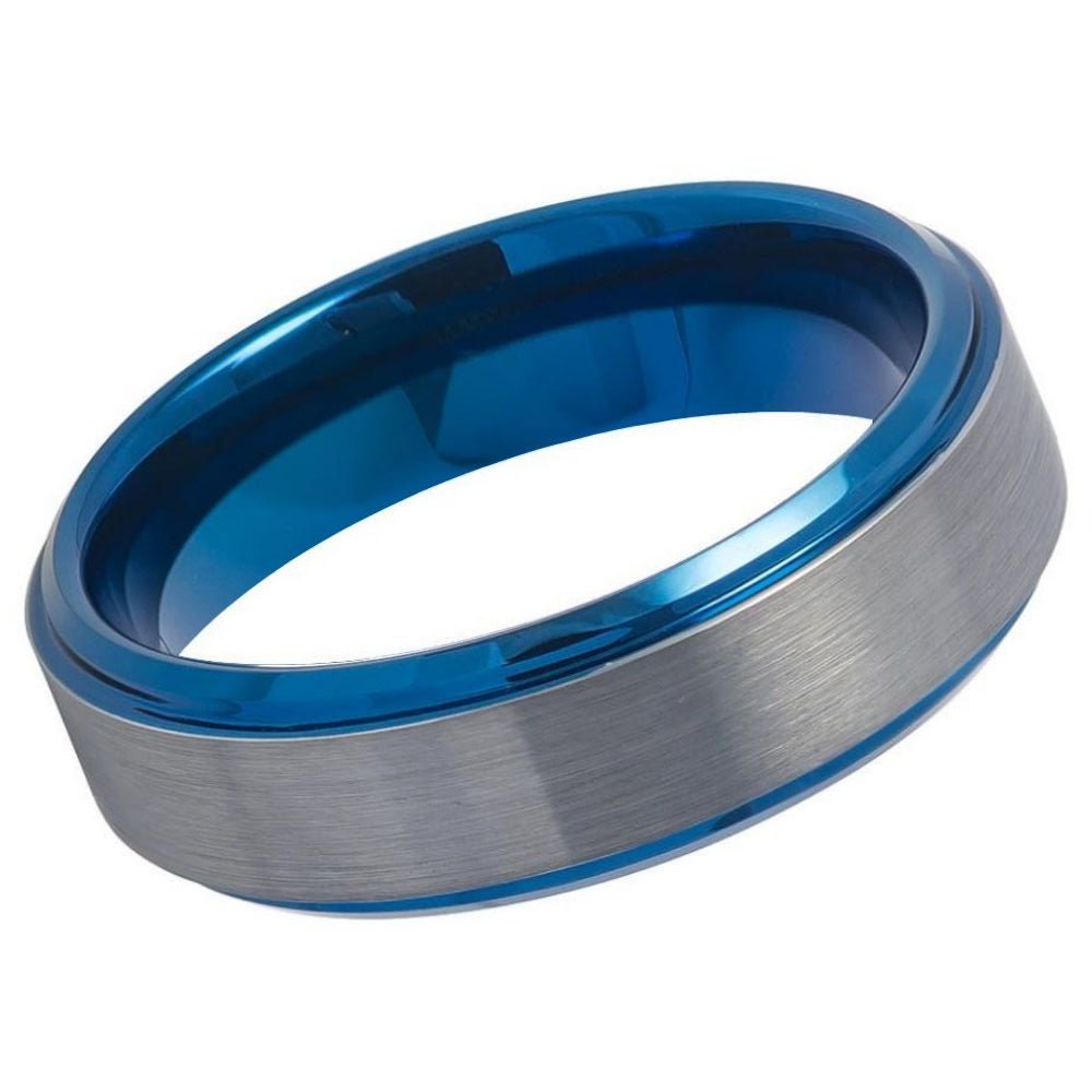 Men's Tungsten Wedding Band with Silver Brushed Center & Blue Stepped Edge- 6mm Engraved Tungsten Ring