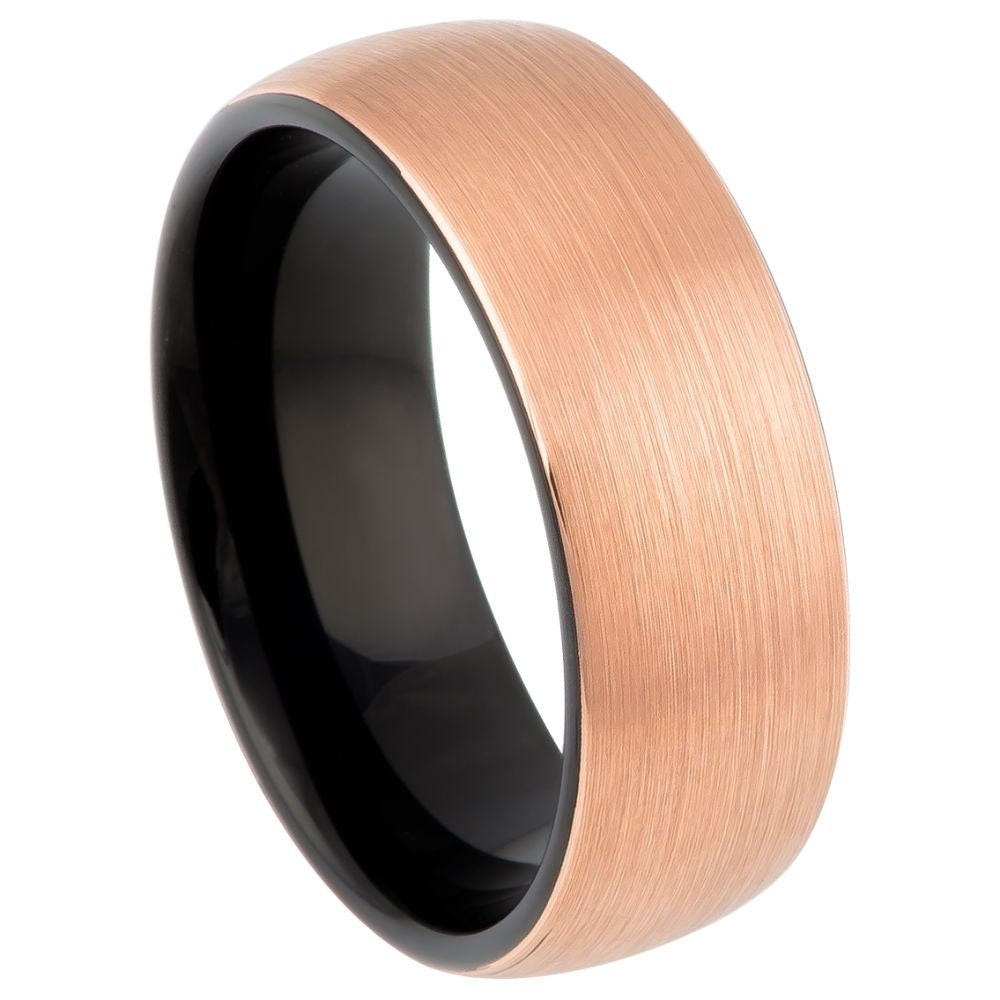 Men's Tungsten Wedding Band with Rose Gold Brushed Center And Black Stepped Edge- 8mm Engraved Tungsten Ring