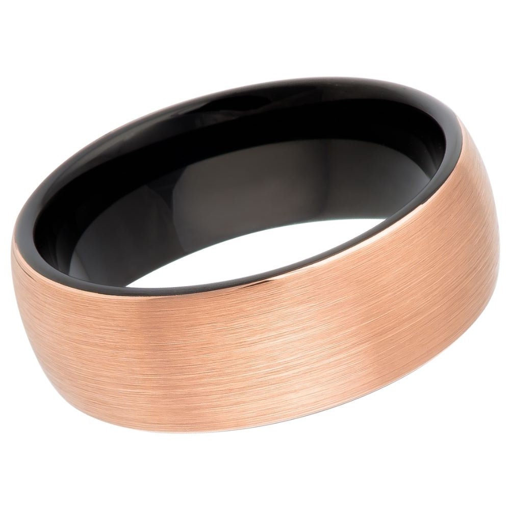 Men's Tungsten Wedding Band with Rose Gold Brushed Center And Black Stepped Edge- 8mm Engraved Tungsten Ring