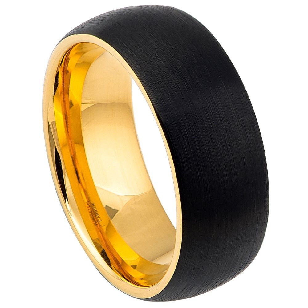 Men's Domed Black Outside and Yellow Gold Inside Tungsten Ring with Brushed Finish and Beveled Edges- 8mm Engraved Tungsten Ring