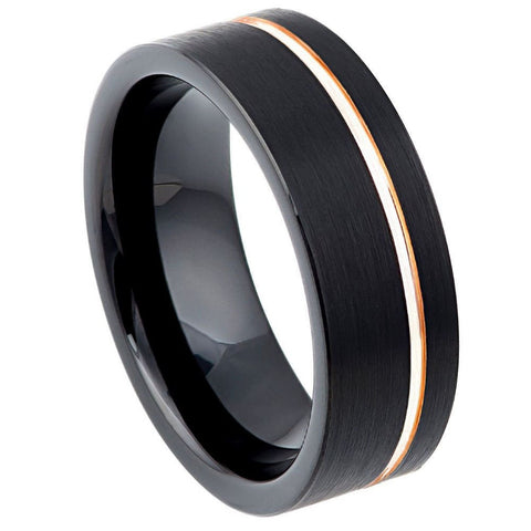 Men's Thin Off Set Rose Gold Groove Black Tungsten Wedding Band Brushed Finish- 8mm Engraved Tungsten Ring