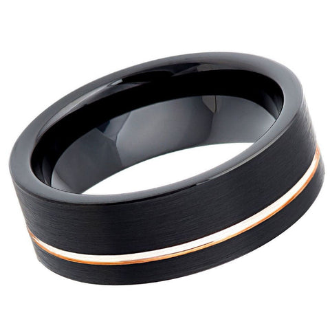 Men's Thin Off Set Rose Gold Groove Black Tungsten Wedding Band Brushed Finish- 8mm Engraved Tungsten Ring