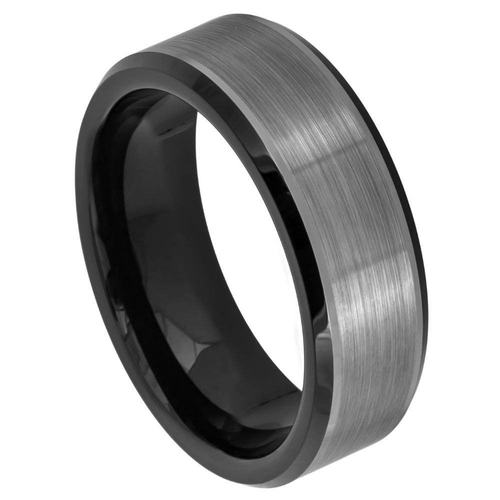 Men's Tungsten Wedding Band with Grey Brushed Center & Black Interior Stepped Edges- 8mm Engraved Tungsten Ring