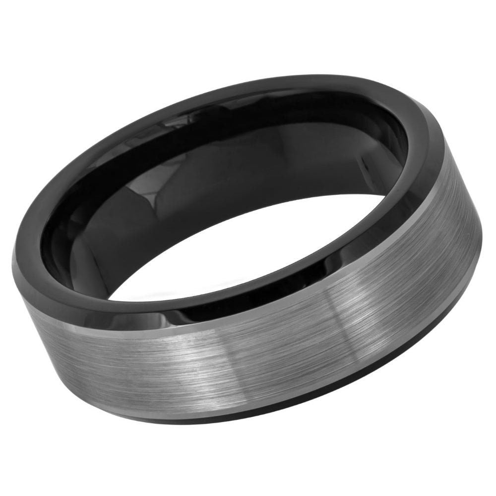 Men's Tungsten Wedding Band with Grey Brushed Center & Black Interior Stepped Edges- 8mm Engraved Tungsten Ring