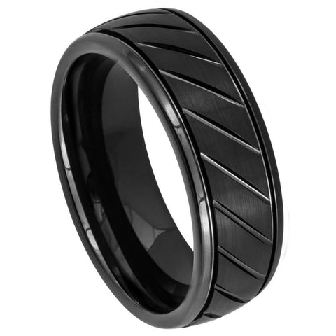 Men's Black Brushed Tungsten Wedding Tungsten Ring for Men with Diagonal Grooves in Black Center Step Edges- 8mm Engraved Tungsten Ring