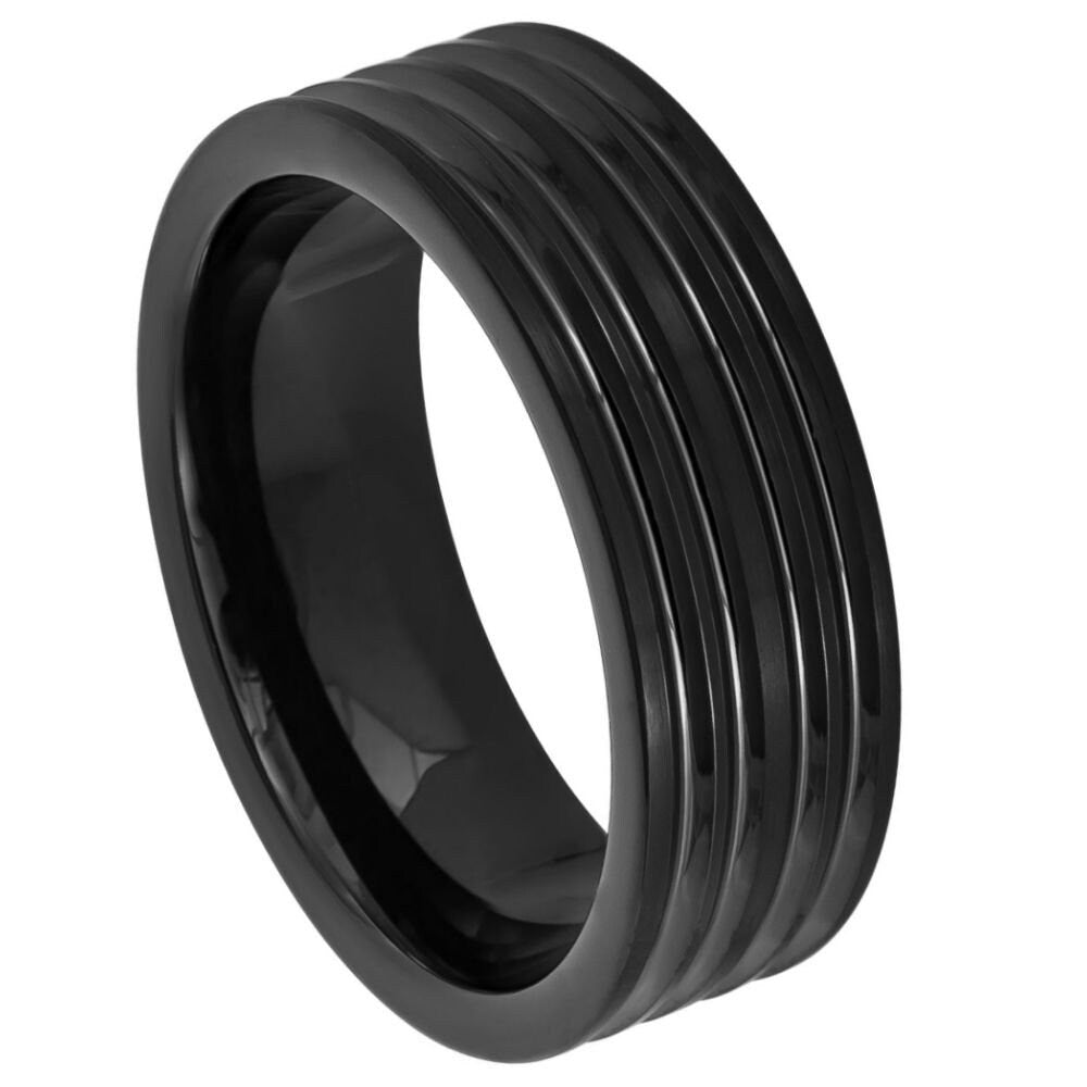 Men's Matte Black Tungsten Band with Crisscrossed Channels And Groove- 8mm Engraved Tungsten Ring