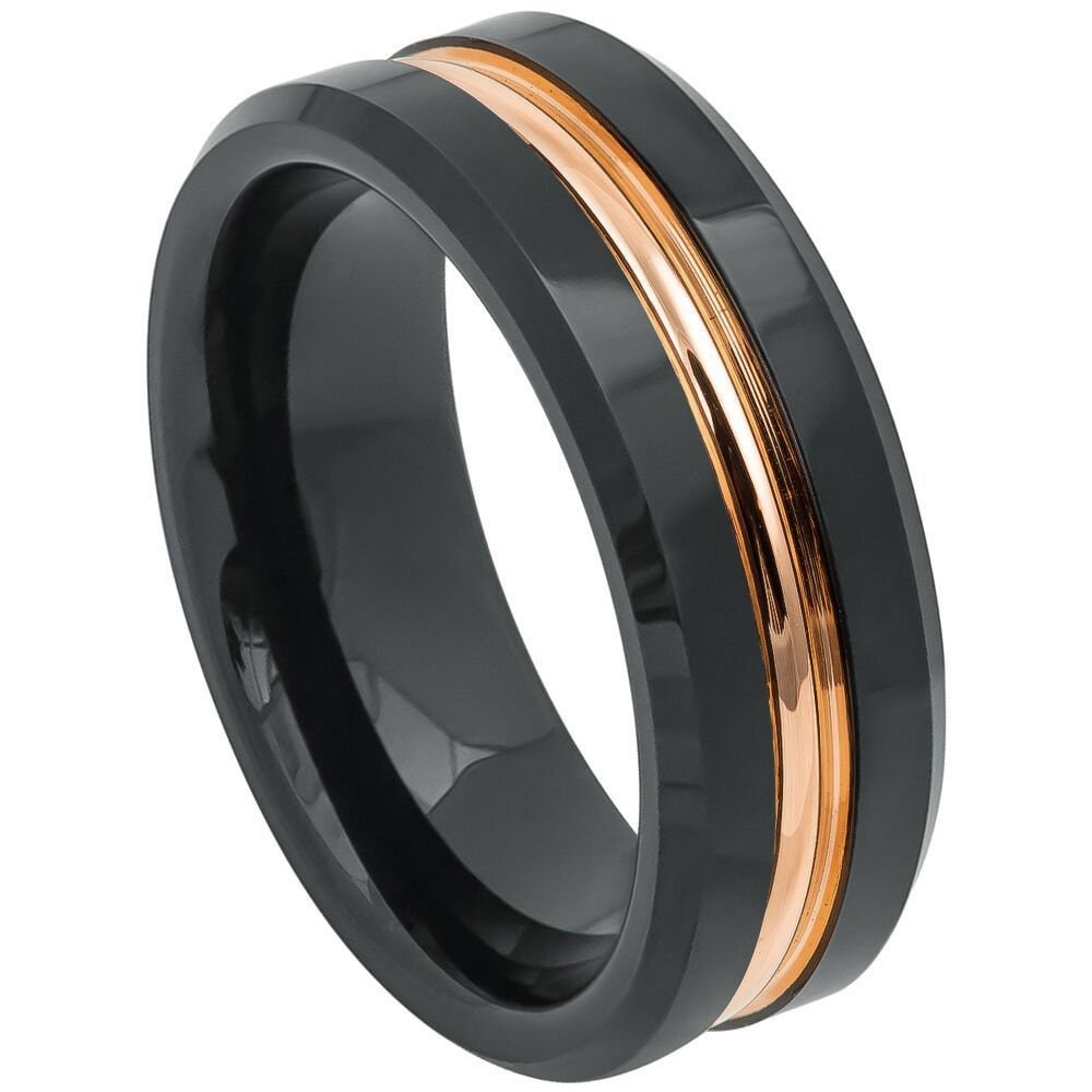 Men's Exquisite Black Tungsten Tungsten Ring Plated Rose Gold Stripe And High Polished Beloved Edges- 8mm Engraved Tungsten Ring