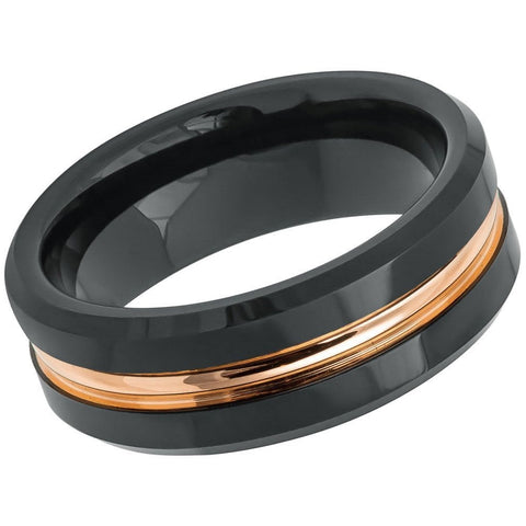 Men's Exquisite Black Tungsten Tungsten Ring Plated Rose Gold Stripe And High Polished Beloved Edges- 8mm Engraved Tungsten Ring