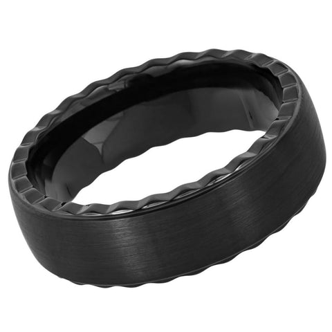 Men's Black Pipe Cut Tungsten Ring with Brushed Center and Grooved Sides Wedding- 8mm Engraved Tungsten Ring