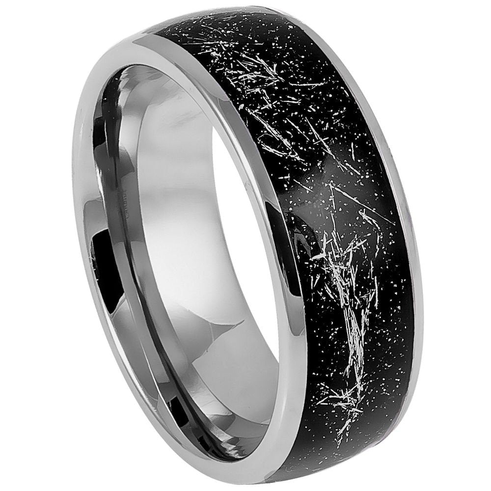 Men's Tungsten Domed Tungsten Ring with Metallic Shavings on Black carbon Fiber Inlay- 8mm Engraved Tungsten Ring