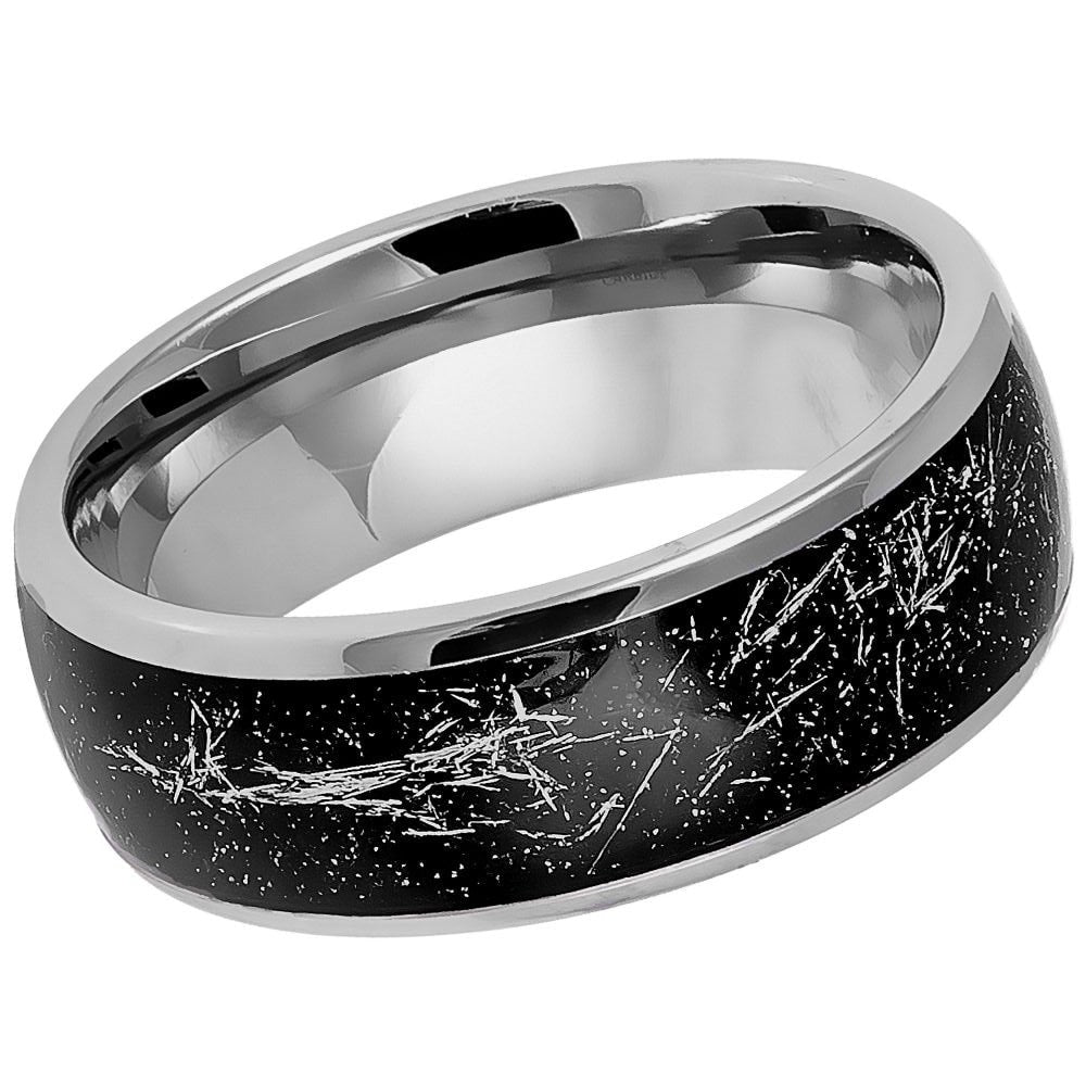 Men's Tungsten Domed Tungsten Ring with Metallic Shavings on Black carbon Fiber Inlay- 8mm Engraved Tungsten Ring