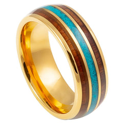 Men's Yellow Gold Tungsten Tungsten Ring with Rosewood and Crushed Turquoise Double Inlay- 8mm Engraved Tungsten Ring