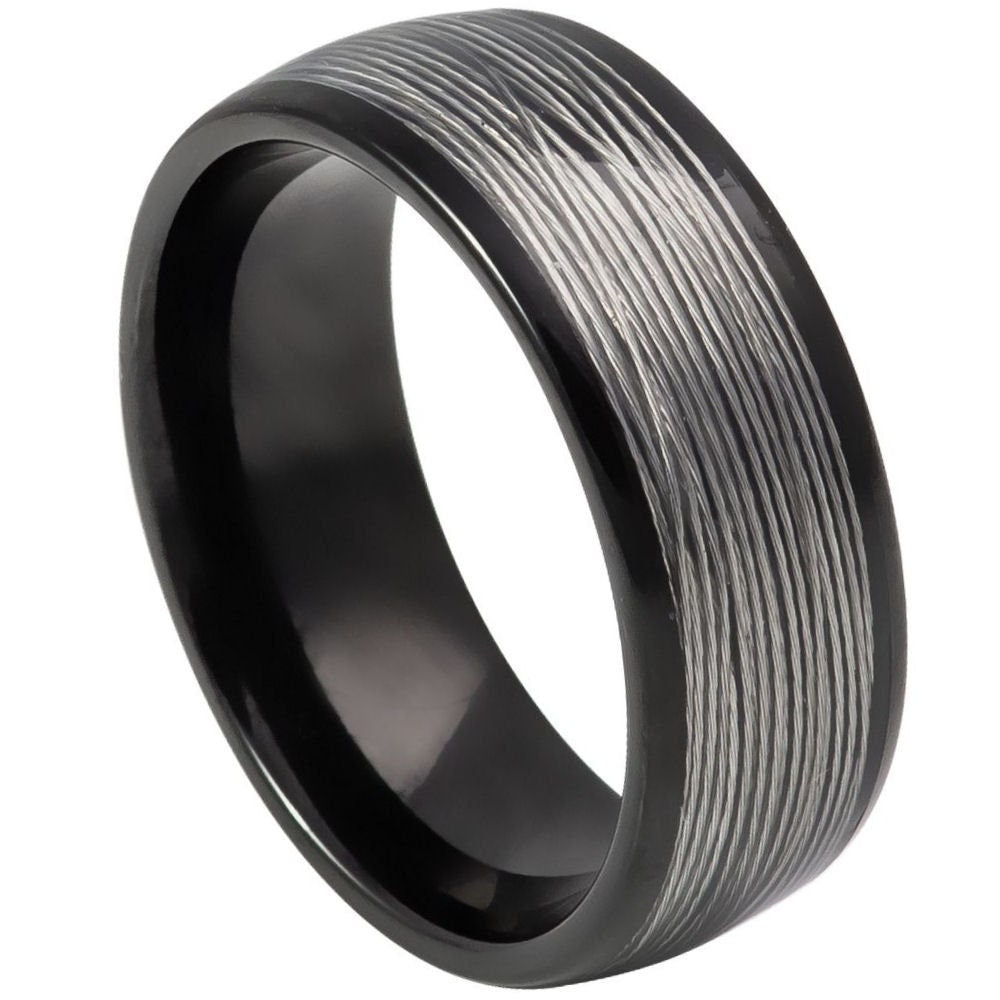 Men's Domed Black Rolled Wire Inlay Tungsten- 8mm Engraved Tungsten Ring