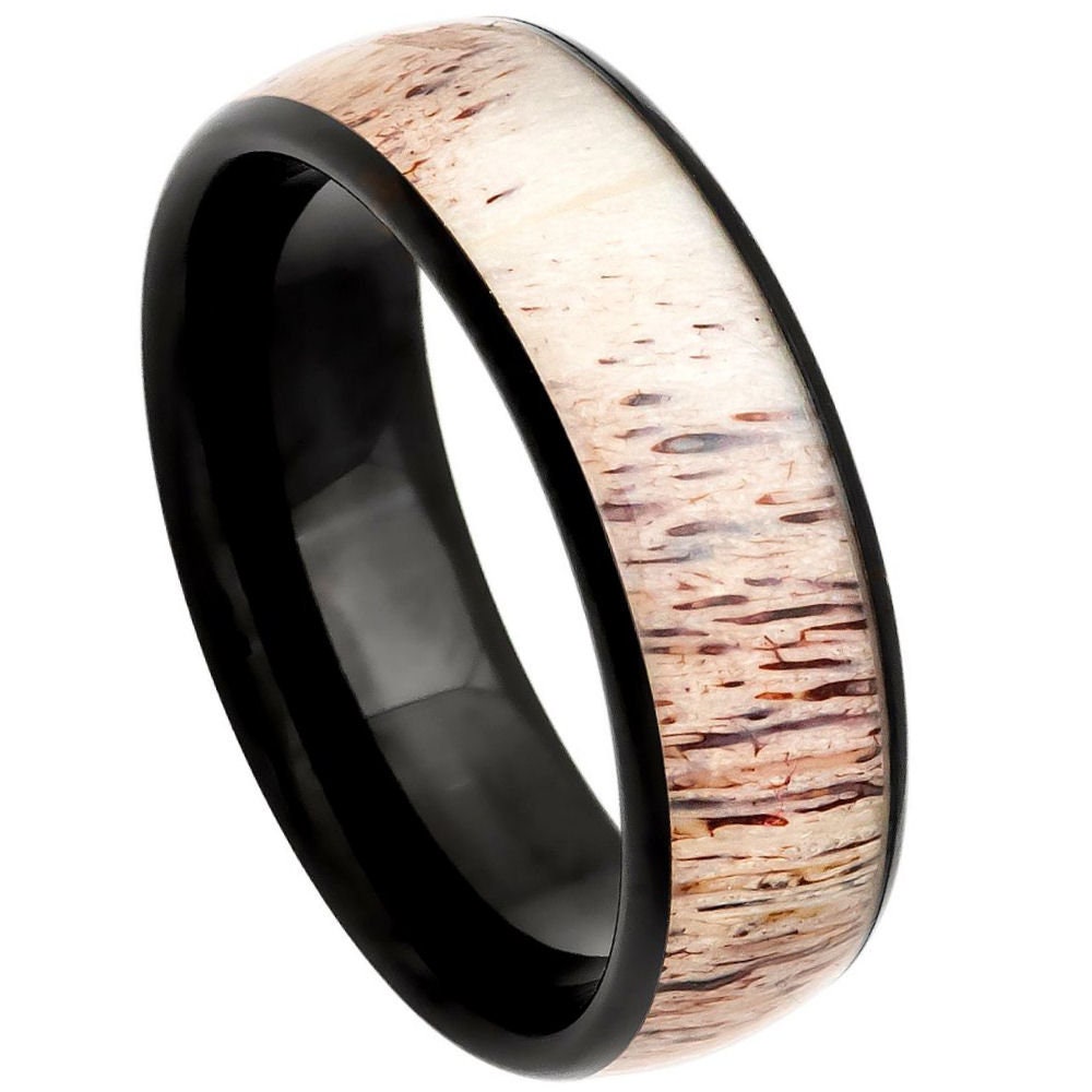 Men's Black Tungsten Anniversary Band With Off White Antler Inlay And Bevels- 8mm Engraved Tungsten Ring