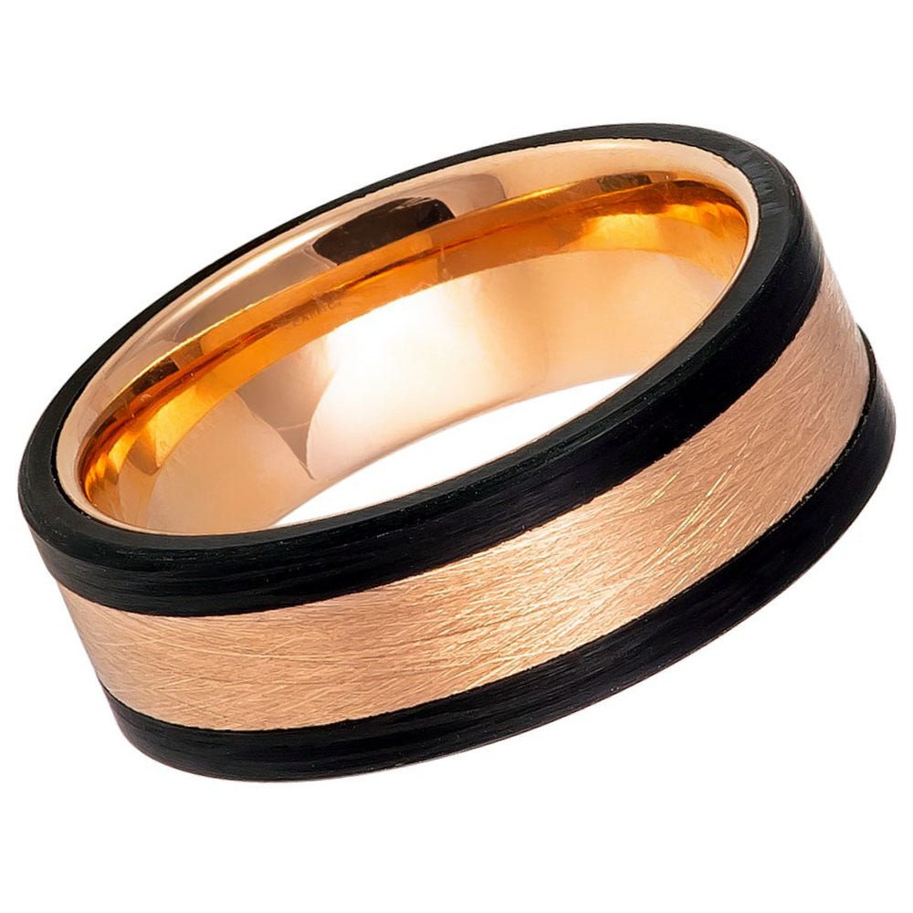 Men's Rose Gold Forged Carbon Fiber Sides And Brushed- 8mm Engraved Tungsten Ring