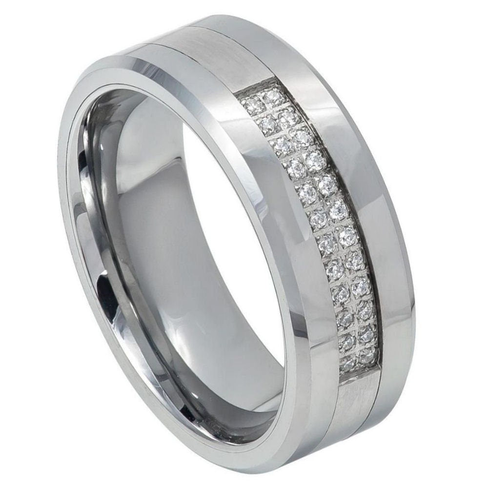 Men's Polished Tungsten CZ Eternity With White Diamonds In Center And Beveled- 8mm Engraved Tungsten Ring