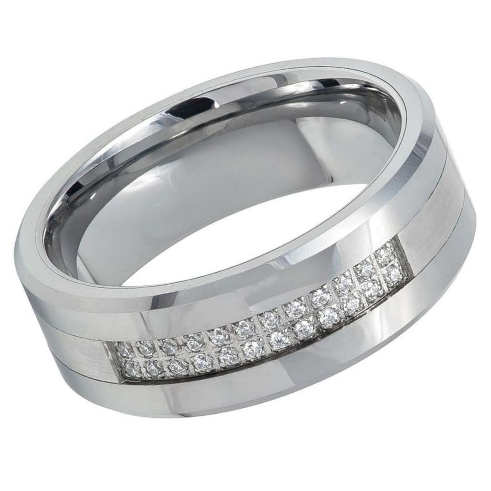 Men's Polished Tungsten CZ Eternity With White Diamonds In Center And Beveled- 8mm Engraved Tungsten Ring