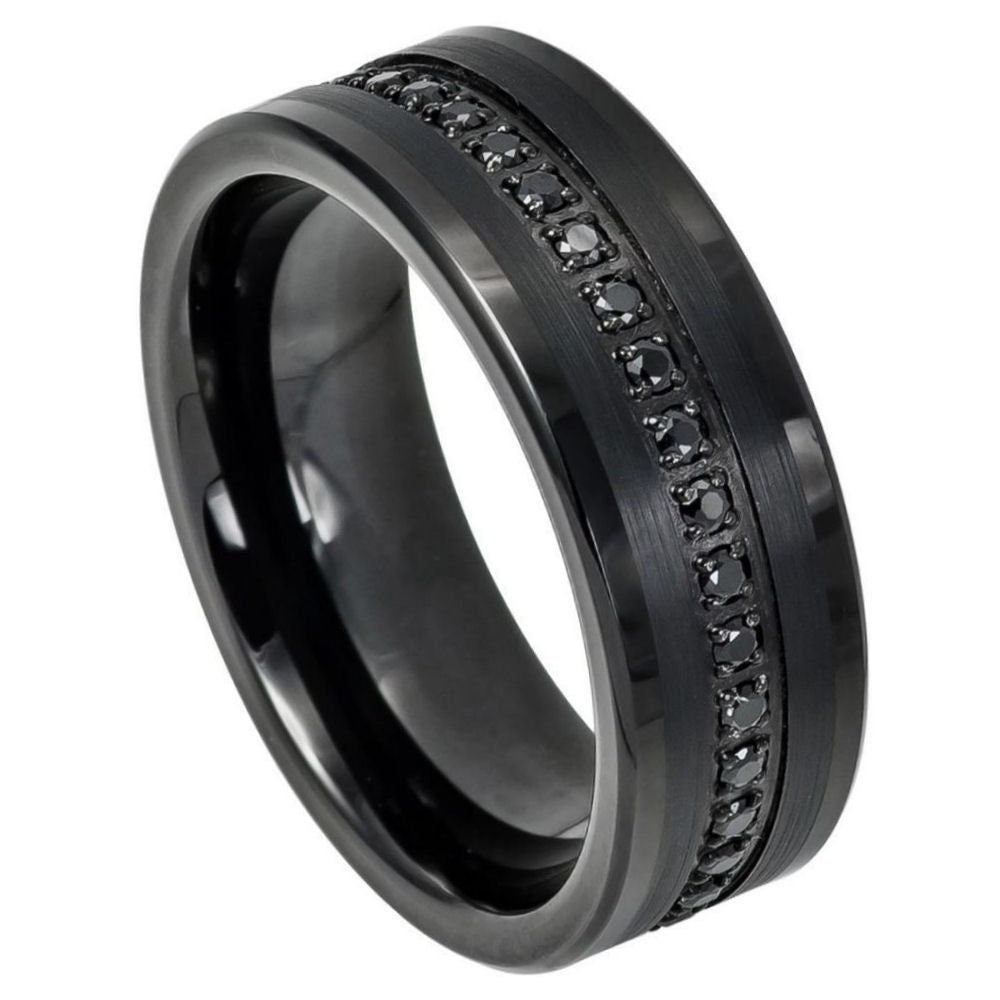 Men's Tungsten Black With Center Groove Of Inset Black Sapphires- 8mm Engraved Tungsten Ring