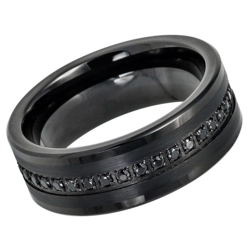 Men's Tungsten Black With Center Groove Of Inset Black Sapphires- 8mm Engraved Tungsten Ring