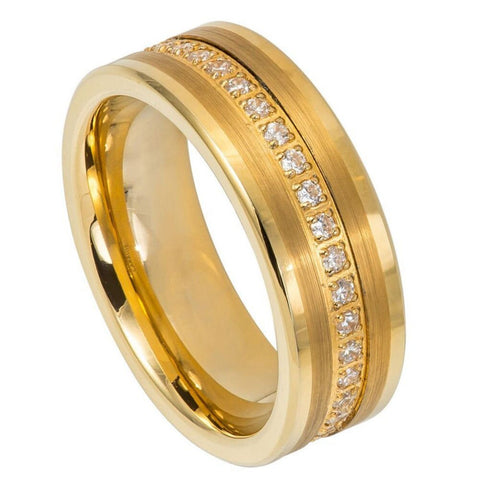 Men's Gold Flat Tungsten Wedding Eternity Band With White Diamond Inlay Polished Finish- 8mm Engraved Tungsten Ring