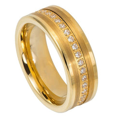 Men's Gold Flat Tungsten Wedding Eternity Band With White Diamond Inlay Polished Finish- 8mm Engraved Tungsten Ring