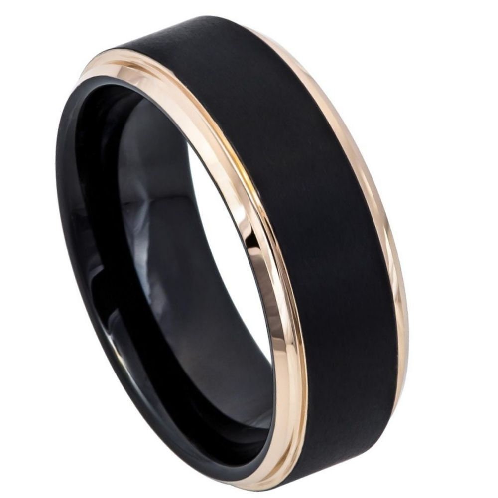 Men's Black and Rose Gold Beveled Edge Tungsten Wedding Band- 8mm Engraved Tungsten Ring